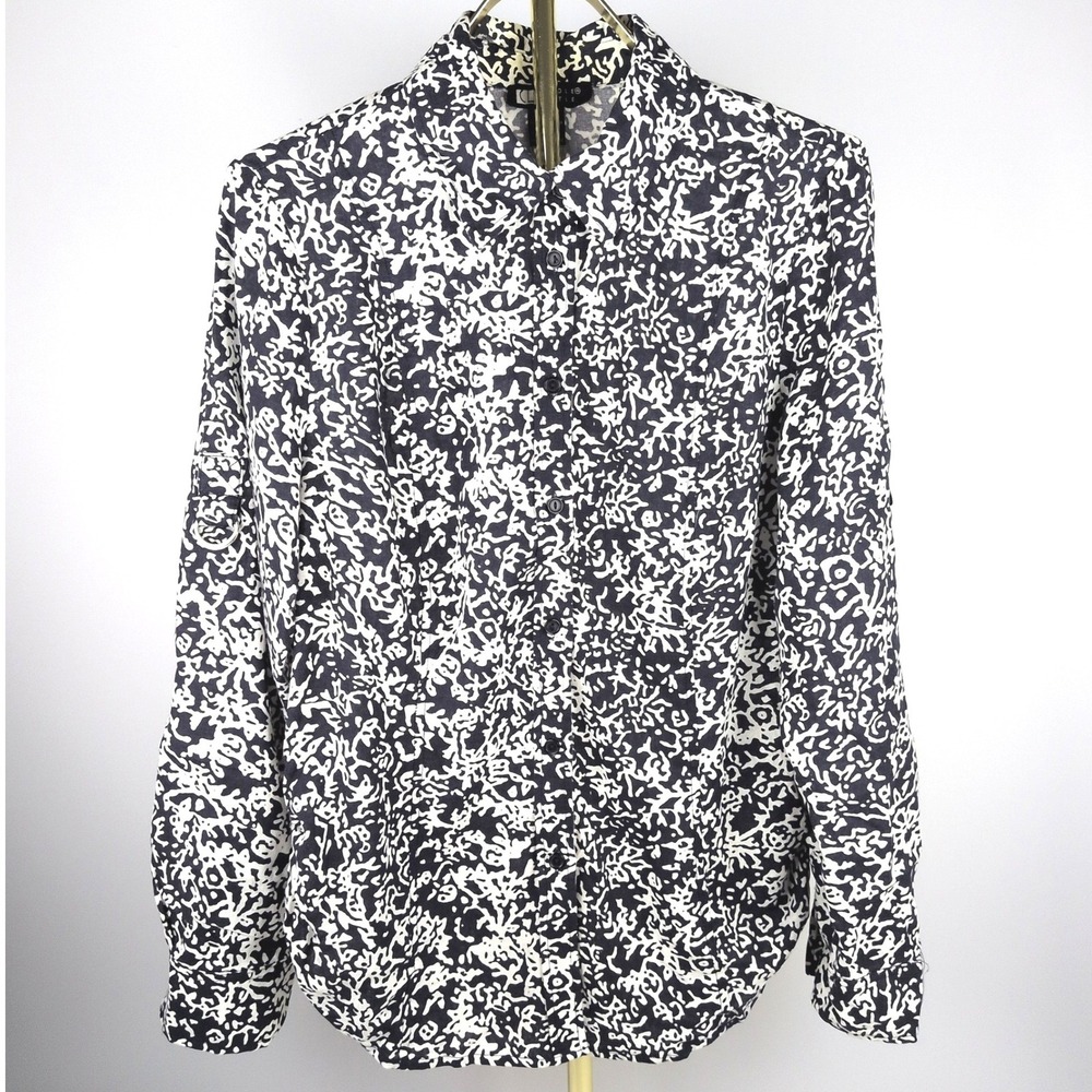 Carole Little Women L Button Down Navy White Abstract Linen Blend Ruched Shirt